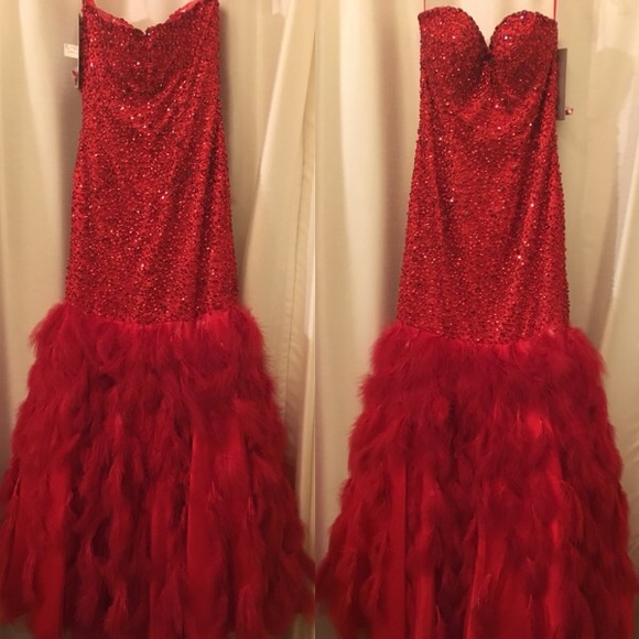 red dress with feather bottom